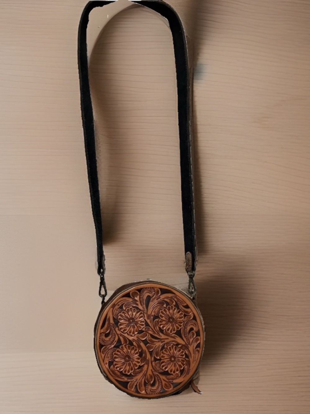 Leather western Hand-Tooled Floral Round canteen Crossbody w/ brown and white